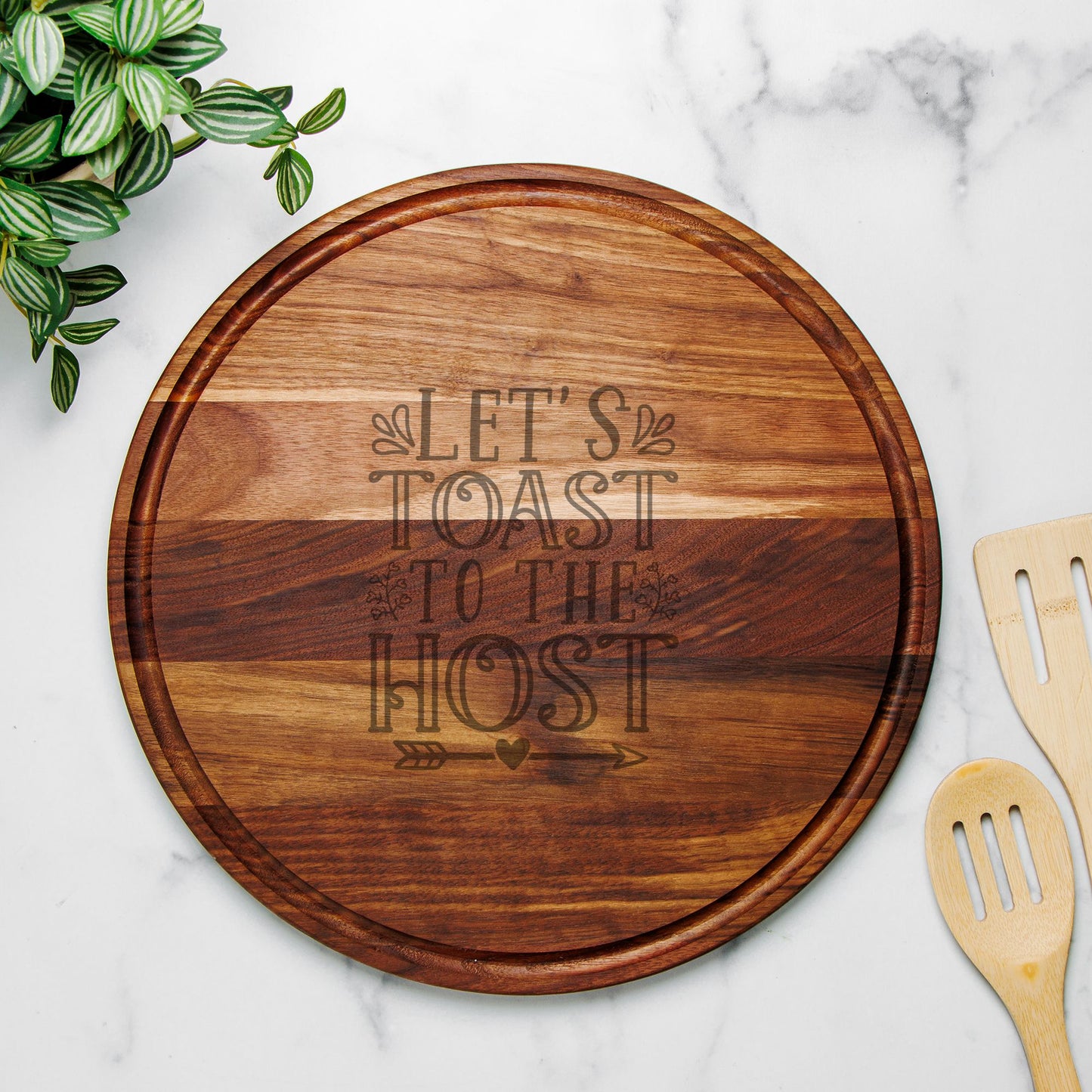 Round Charcuterie Board with Groove – “Let’s Toast to the Host” (13.5")