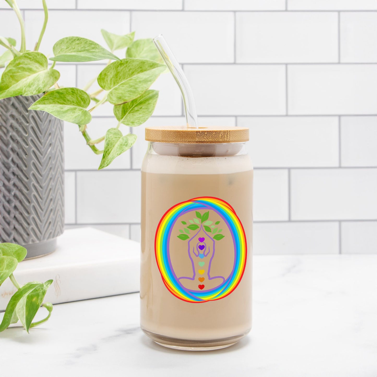 Chakra Glass Can with Straw & Lid – 16 oz