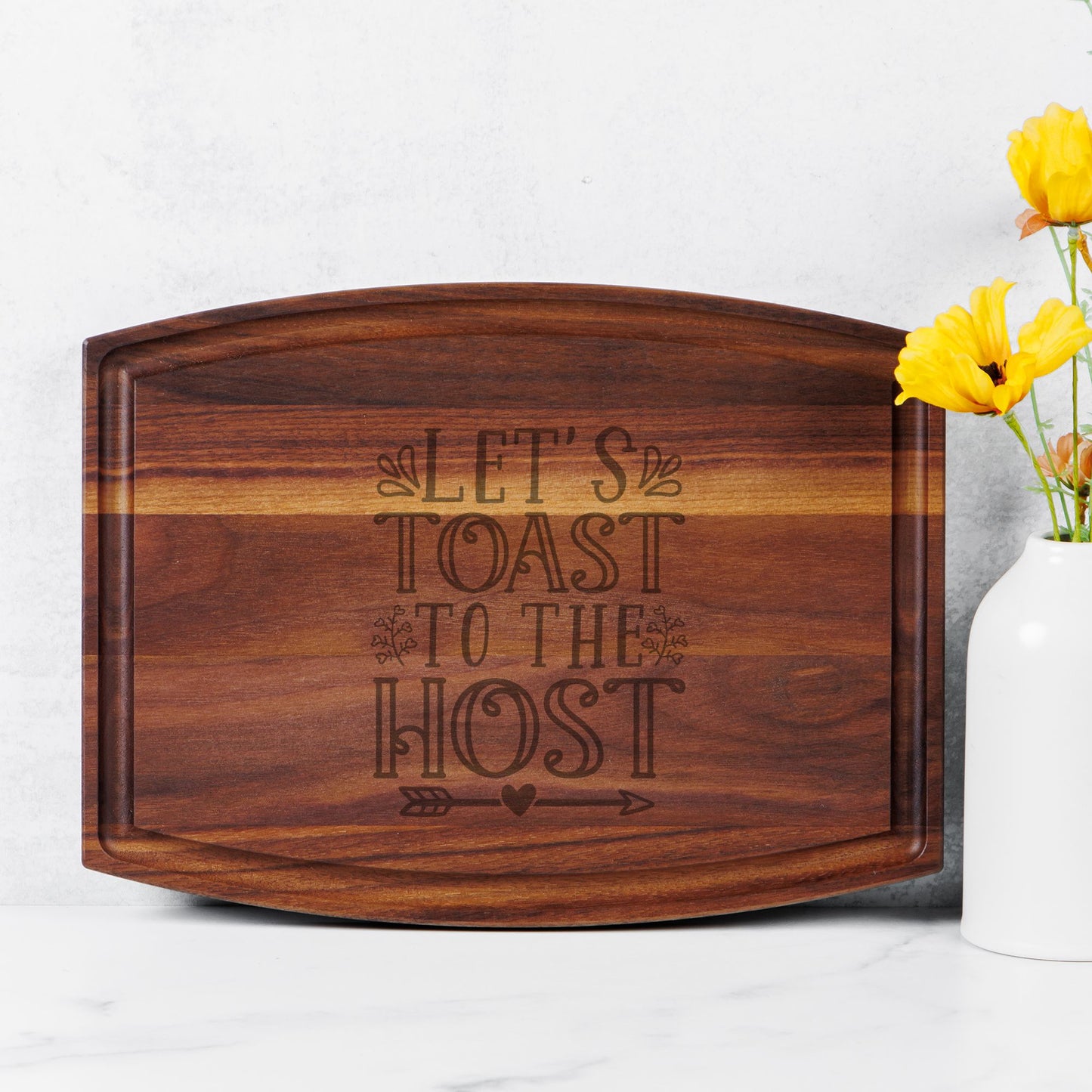 Let's Toast Arched Wood Cutting Board with Groove - 12" x 9"