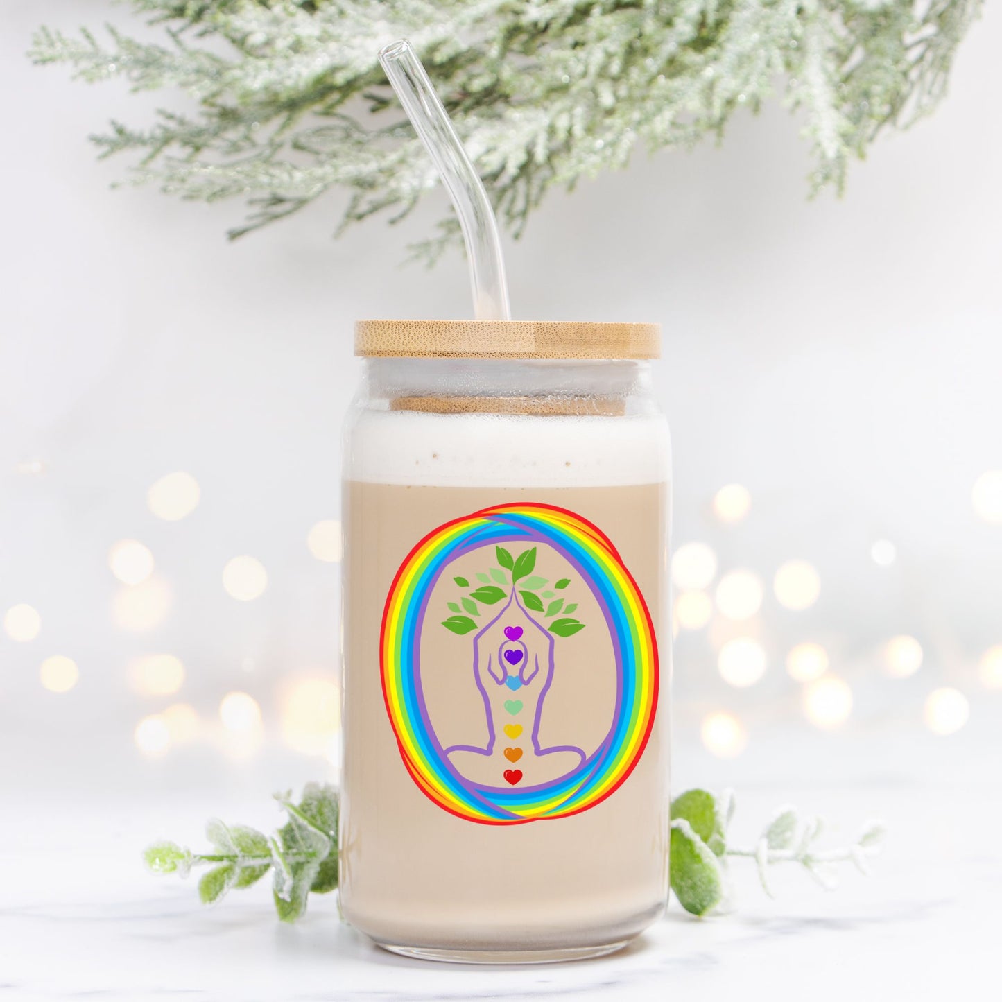Chakra Glass Can with Straw & Lid – 16 oz